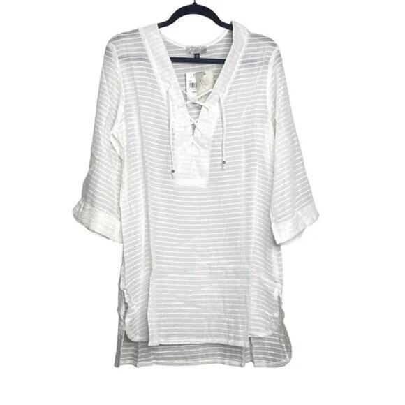 NWT J. Valdi Santa Barbara Big Shirt Tunic LaceUp Texture Stripe Coverup L White - Picture 11 of 15